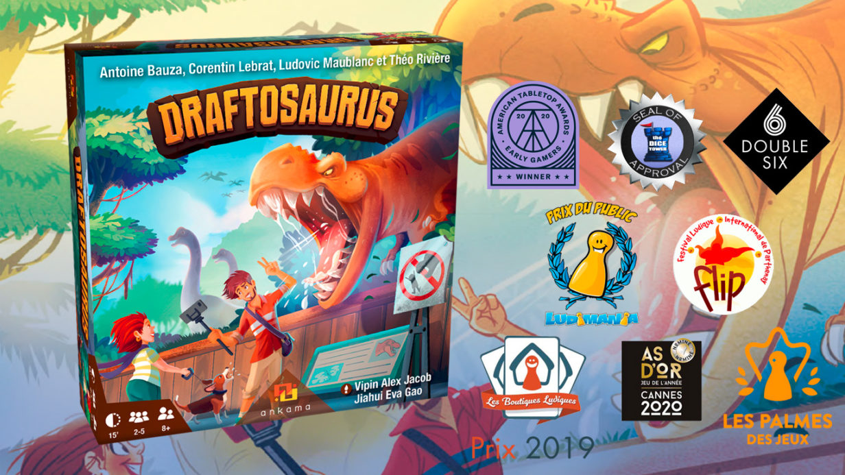 bandeau pour l'article à propos du jeu de société Draftosaurus créé par Kaedama pour Ankama Boardgames